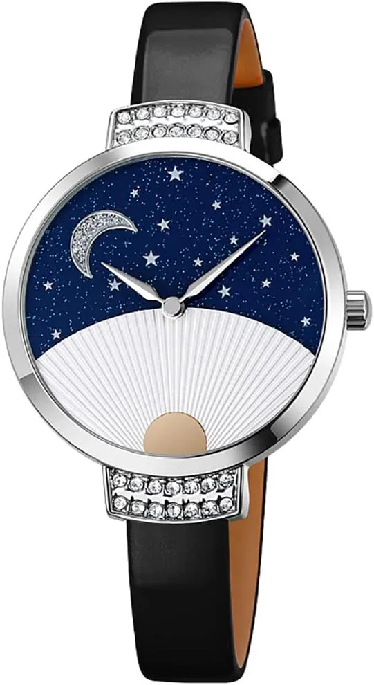 Female Wristwatch Gosasa Fashion Women's Watches Diamond Inlay Elegant Ladies Watch Moon marginal triple instantaneous mother Star Starry Sky Half Arc Sector Quartz Leather Strap Alloy Casual 