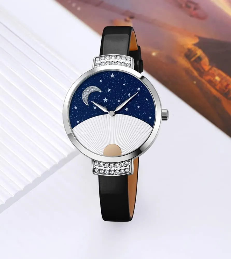 Female Wristwatch Gosasa Fashion Women's Watches Diamond Inlay Elegant Ladies Watch Moon marginal triple instantaneous mother Star Starry Sky Half Arc Sector Quartz Leather Strap Alloy Casual 