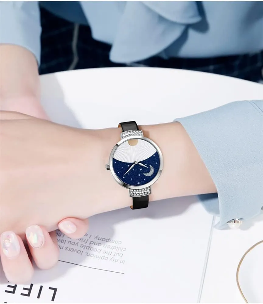 Female Wristwatch Gosasa Fashion Women's Watches Diamond Inlay Elegant Ladies Watch Moon marginal triple instantaneous mother Star Starry Sky Half Arc Sector Quartz Leather Strap Alloy Casual 