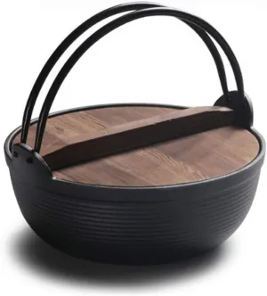 Field Hanging Pot 29cm Cast Iron Stew Pot with Wood ample Cover Soup Pot Sukiyaki Stew Pot Uncoated Outdoor 