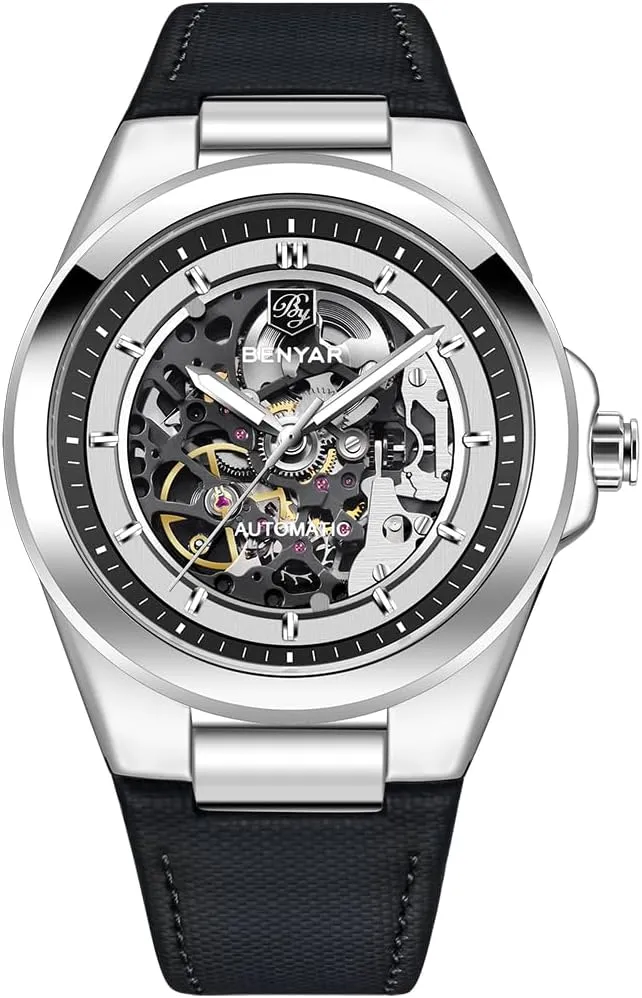 fix Fashion Sport Self Winding Wrist Watch Leather Strap 50M Waterproof Hollow Mechanical Wristwatch BY5207 Men's Skeleton Automatic Watches 