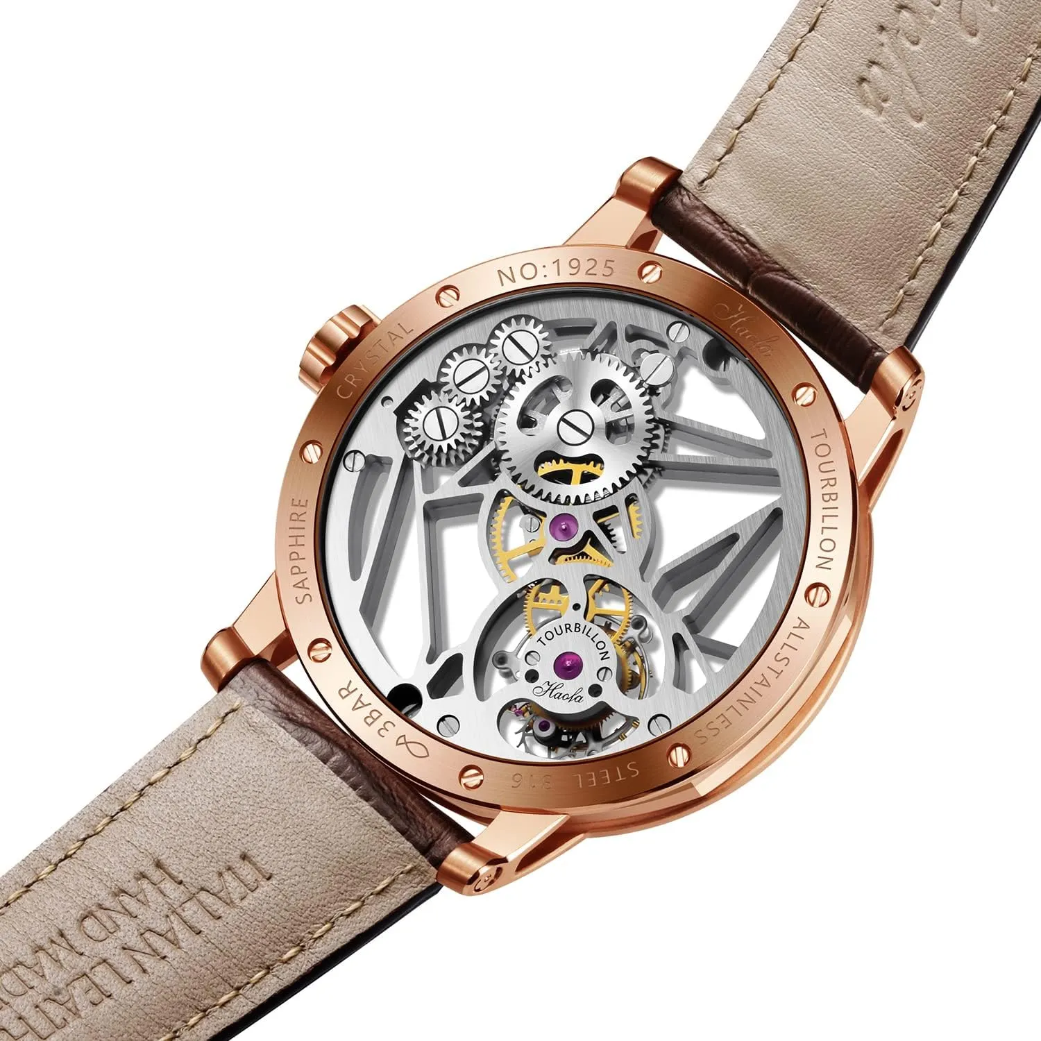 Flying Tourbillon Watch for Men Double thorny Skeleton Movement Sapphire Luminous Waterproof Luxury Hollow Mechanical Mens Watch 1925B Haofa Manual 
