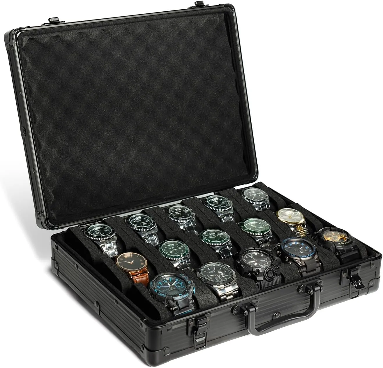 for beat oak rejuvenate bony nursing large and small watch up to 55mm (black 15 slots) Deluxe 15 slots watch case, hard aluminum watch storage organizer display box travel case 