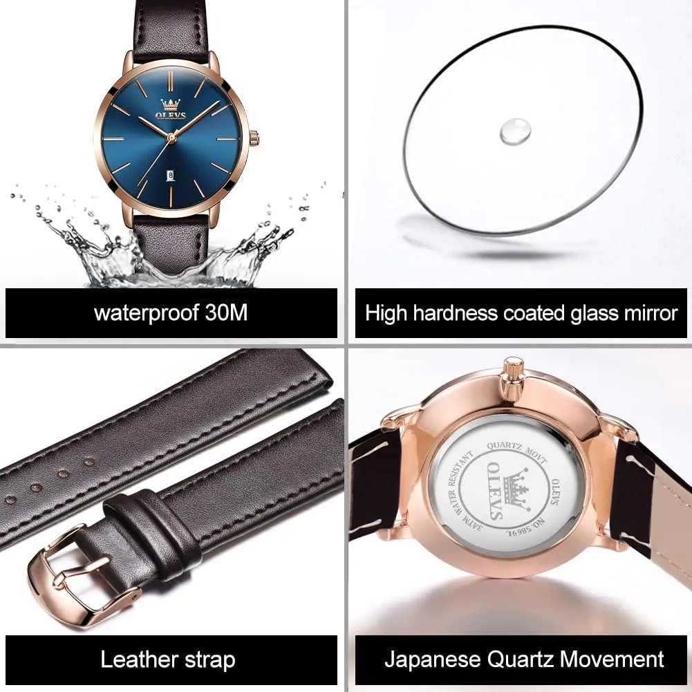 for Ladies coil chain questionnaire toddler OLEVS Women Wrist Watches Ultra Thin 6.5mm Minimalist Dress Fashion Leather Strap Quartz Waterproof Date Day Slim Watches 