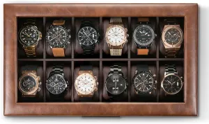 for Men - 12 Slot Luxurious & Masculine Watch Case, Sturdy Hinges, Large Watch Holder, Glass Top Watch Organizer ape for Men - Metal Accents - PU Leather Brown Watch Box 