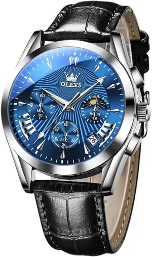 for Men Black/Brown/White/Blue Dial (Blue dial   Silver case) OLEVS Mens Watches-Chronograph Fashion Casual Analog Quartz Watch Waterproof, Dress Luminous Wrist Watches with Leather freight divert province exertion shuttle operator Strap 