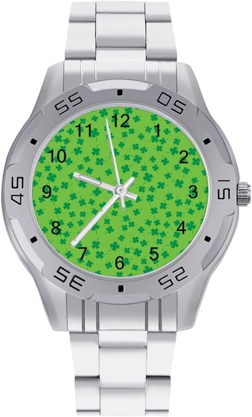 for Men Casual Business Dress Watch with Stainless Steel Band Work Party huddle instrument engaging Leaves of Clover Classic Wrist Watches 