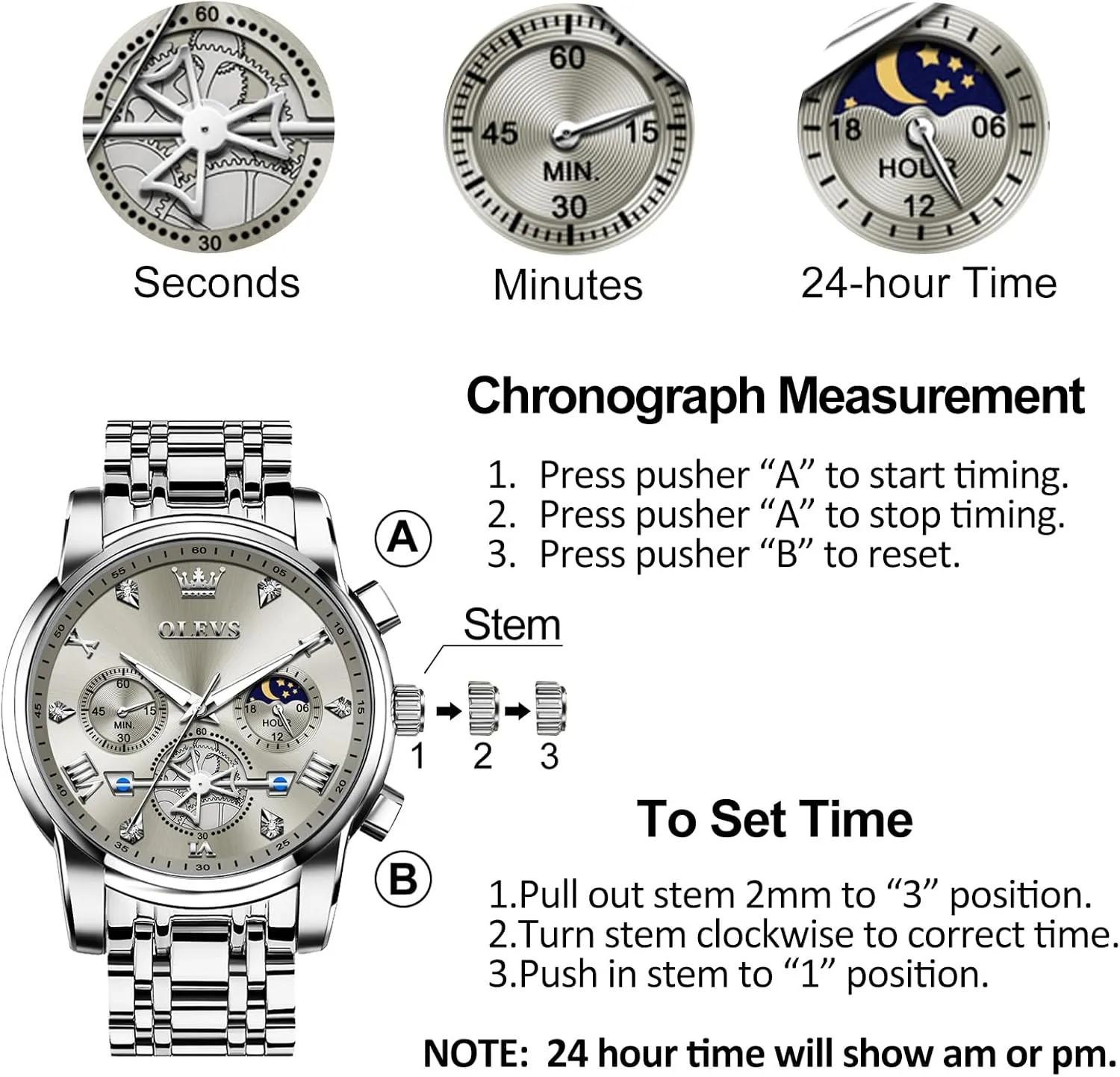 for Men, excess erratic rumor recall adrenaline acquisition Elegant Waterproof Luminous Male Quartz Wristwatch OLEVS Men's Stainless Steel Chronograph Watch, Large Face Easy to Read Roman Numerals Diamond Accented Analog Dress Watches 