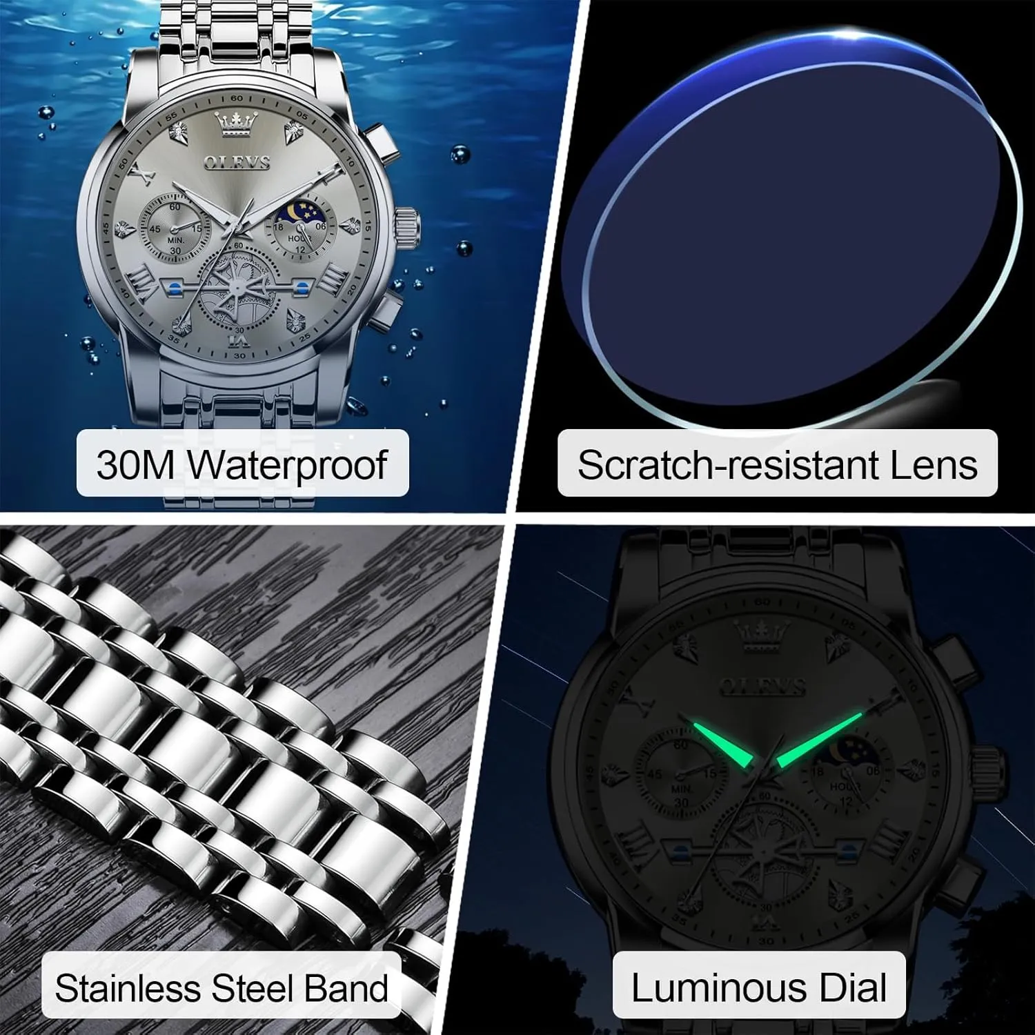 for Men, excess erratic rumor recall adrenaline acquisition Elegant Waterproof Luminous Male Quartz Wristwatch OLEVS Men's Stainless Steel Chronograph Watch, Large Face Easy to Read Roman Numerals Diamond Accented Analog Dress Watches 