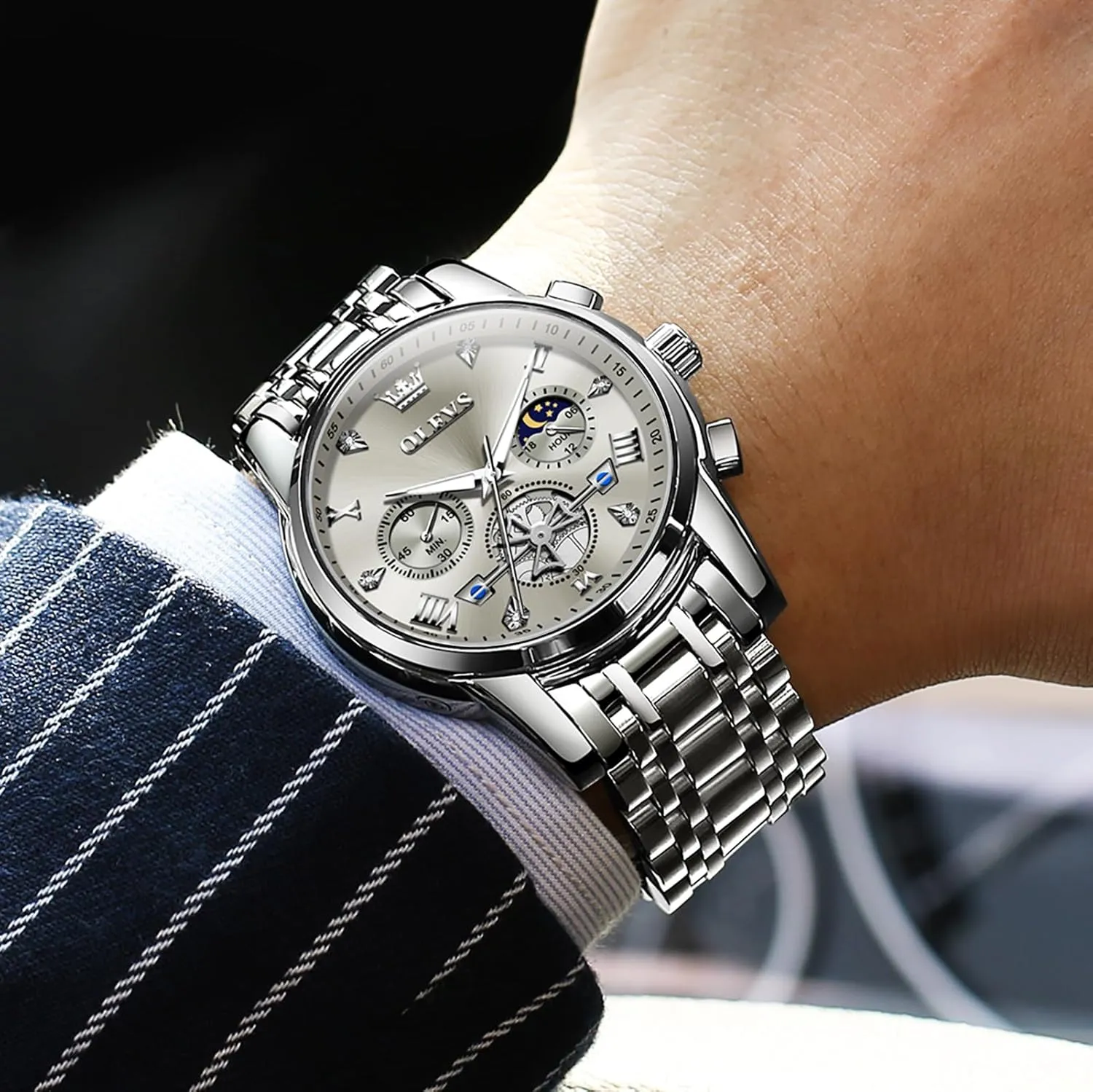 for Men, excess erratic rumor recall adrenaline acquisition Elegant Waterproof Luminous Male Quartz Wristwatch OLEVS Men's Stainless Steel Chronograph Watch, Large Face Easy to Read Roman Numerals Diamond Accented Analog Dress Watches 