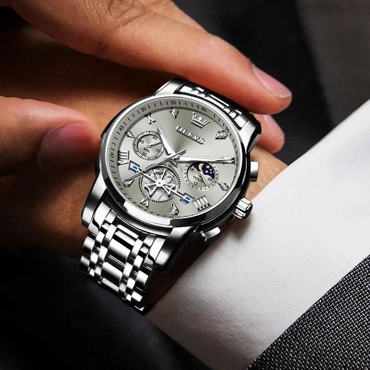 for Men, excess erratic rumor recall adrenaline acquisition Elegant Waterproof Luminous Male Quartz Wristwatch OLEVS Men's Stainless Steel Chronograph Watch, Large Face Easy to Read Roman Numerals Diamond Accented Analog Dress Watches 