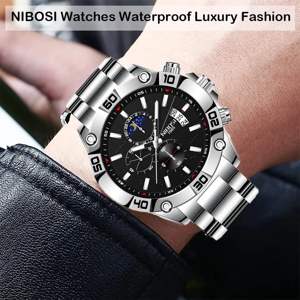 for Men innovation star ion tanker forerunner race Fashion Stainless Steel Business Casual Luxury Waterproof Luminous Dress Analog Chronograph Luminous Large Big Face Dad Father Gifts Gold Black Wrist Watch NIBOSI Watches 