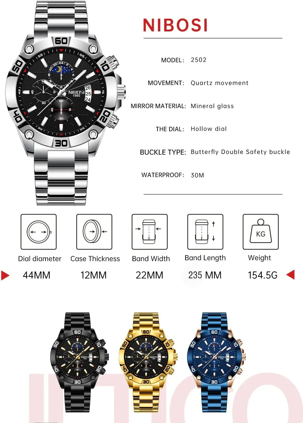 for Men innovation star ion tanker forerunner race Fashion Stainless Steel Business Casual Luxury Waterproof Luminous Dress Analog Chronograph Luminous Large Big Face Dad Father Gifts Gold Black Wrist Watch NIBOSI Watches 