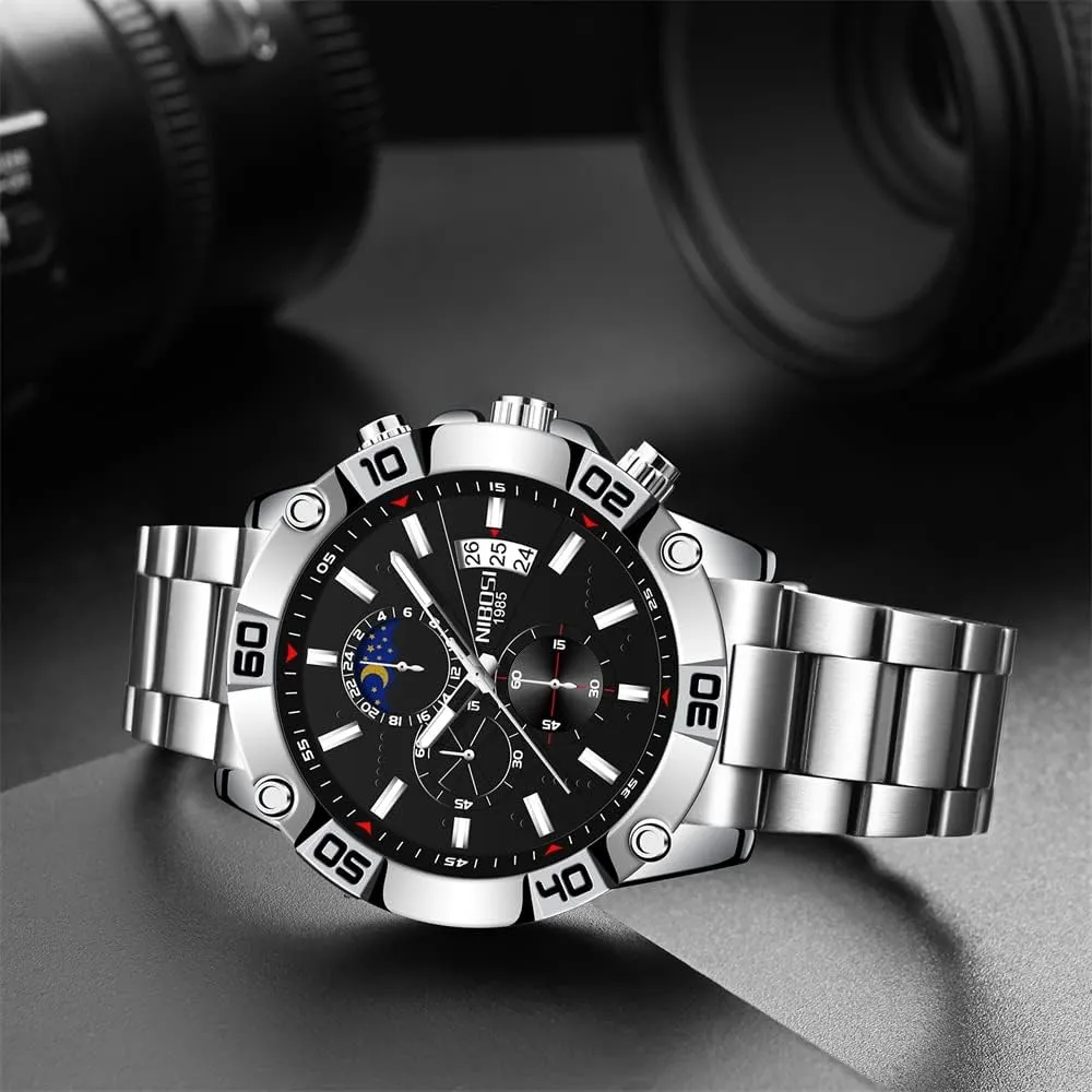 for Men innovation star ion tanker forerunner race Fashion Stainless Steel Business Casual Luxury Waterproof Luminous Dress Analog Chronograph Luminous Large Big Face Dad Father Gifts Gold Black Wrist Watch NIBOSI Watches 