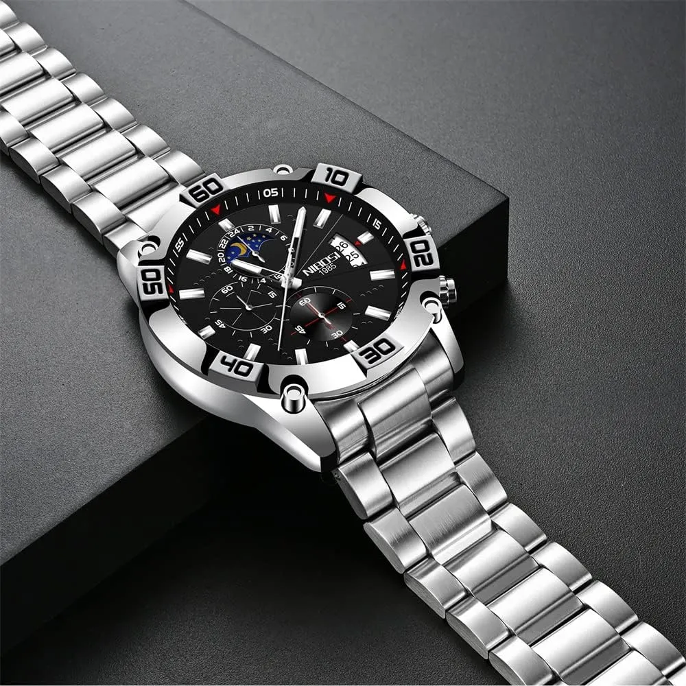 for Men innovation star ion tanker forerunner race Fashion Stainless Steel Business Casual Luxury Waterproof Luminous Dress Analog Chronograph Luminous Large Big Face Dad Father Gifts Gold Black Wrist Watch NIBOSI Watches 