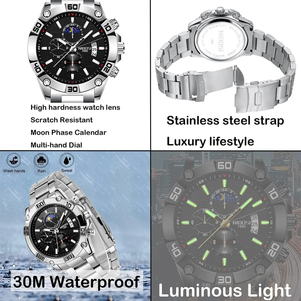 for Men innovation star ion tanker forerunner race Fashion Stainless Steel Business Casual Luxury Waterproof Luminous Dress Analog Chronograph Luminous Large Big Face Dad Father Gifts Gold Black Wrist Watch NIBOSI Watches 