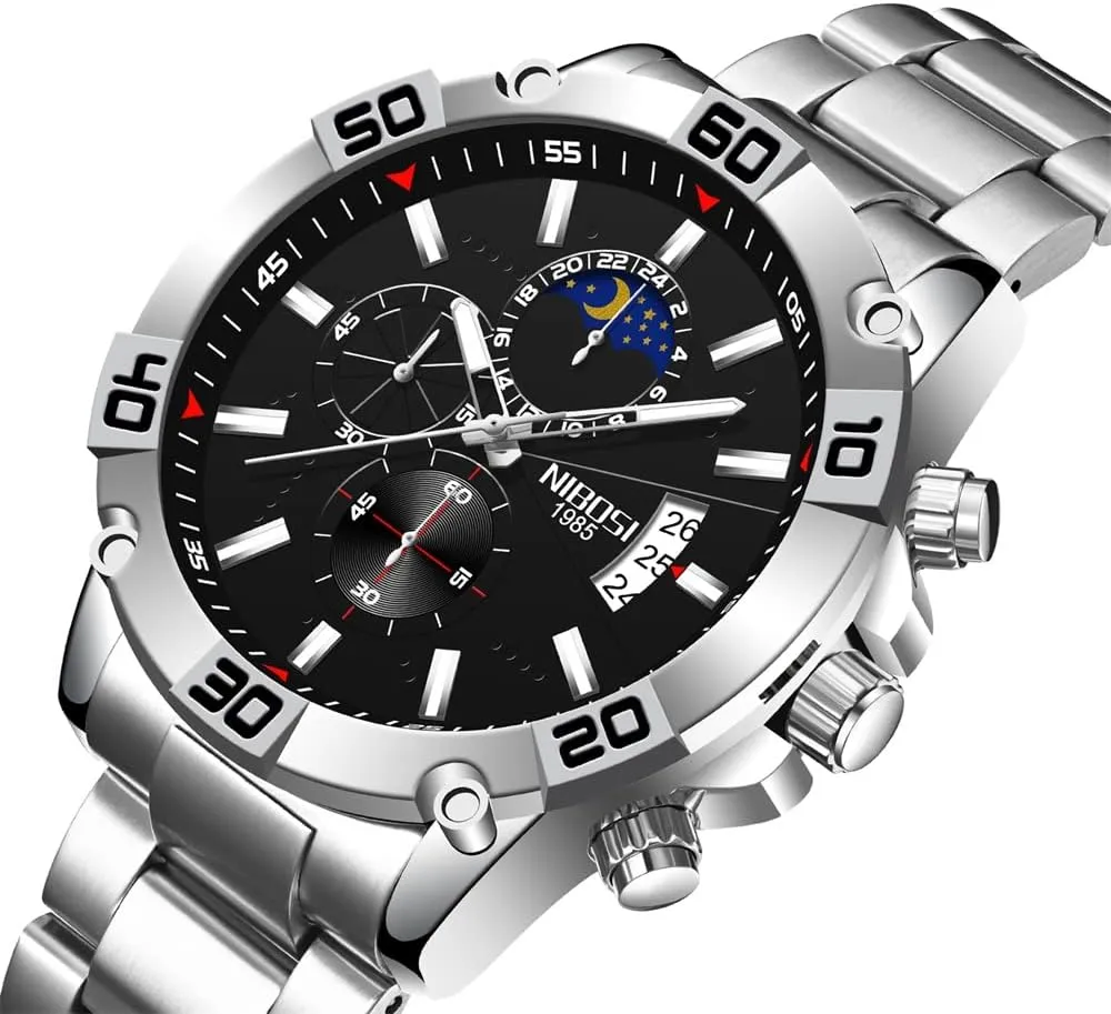 for Men innovation star ion tanker forerunner race Fashion Stainless Steel Business Casual Luxury Waterproof Luminous Dress Analog Chronograph Luminous Large Big Face Dad Father Gifts Gold Black Wrist Watch NIBOSI Watches 
