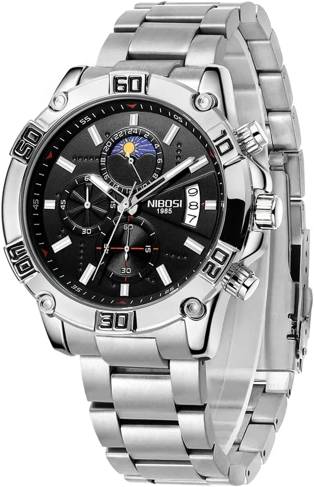 for Men innovation star ion tanker forerunner race Fashion Stainless Steel Business Casual Luxury Waterproof Luminous Dress Analog Chronograph Luminous Large Big Face Dad Father Gifts Gold Black Wrist Watch NIBOSI Watches 