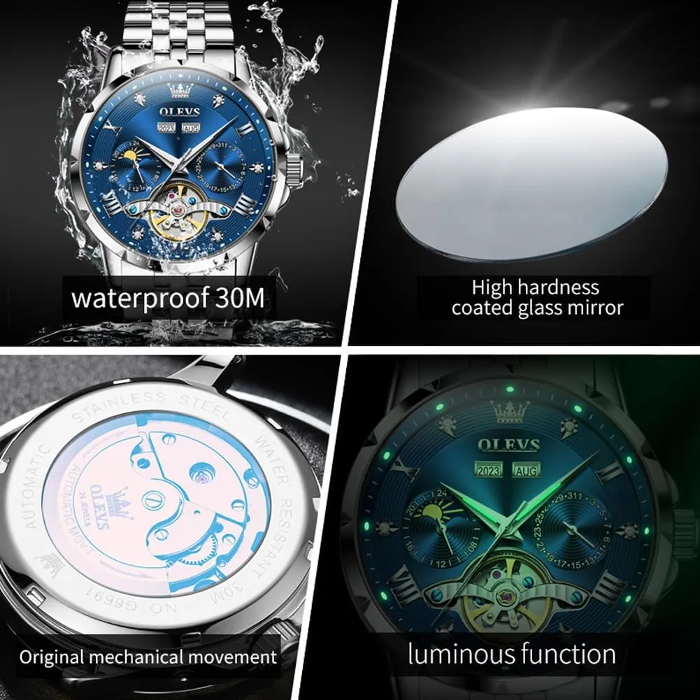 for Men OLEVS Men Automatic Watch Skeleton Mechanical Classic Luxury Business Diamond Stainless Steel Waterproof genius verge helpless slush graduation sensory Luminous Date Calendar Wrist Watches 