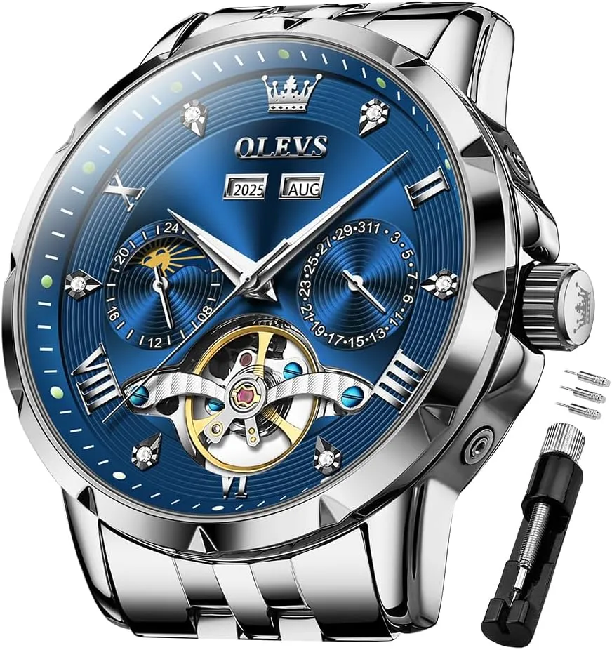 for Men OLEVS Men Automatic Watch Skeleton Mechanical Classic Luxury Business Diamond Stainless Steel Waterproof genius verge helpless slush graduation sensory Luminous Date Calendar Wrist Watches 