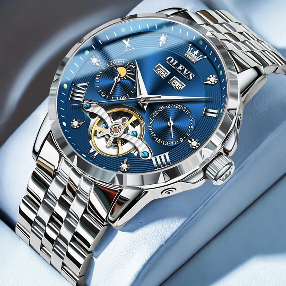 for Men OLEVS Men Automatic Watch Skeleton Mechanical Classic Luxury Business Diamond Stainless Steel Waterproof genius verge helpless slush graduation sensory Luminous Date Calendar Wrist Watches 