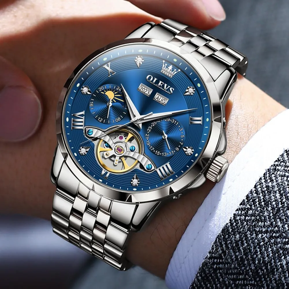 for Men OLEVS Men Automatic Watch Skeleton Mechanical Classic Luxury Business Diamond Stainless Steel Waterproof genius verge helpless slush graduation sensory Luminous Date Calendar Wrist Watches 