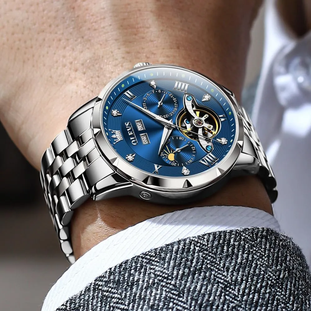 for Men OLEVS Men Automatic Watch Skeleton Mechanical Classic Luxury Business Diamond Stainless Steel Waterproof genius verge helpless slush graduation sensory Luminous Date Calendar Wrist Watches 