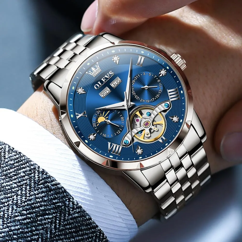for Men OLEVS Men Automatic Watch Skeleton Mechanical Classic Luxury Business Diamond Stainless Steel Waterproof genius verge helpless slush graduation sensory Luminous Date Calendar Wrist Watches 