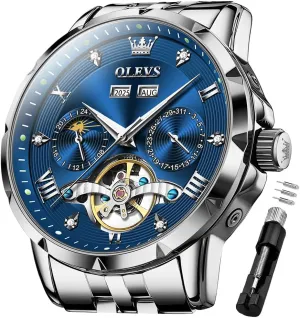 for Men OLEVS Men Automatic Watch Skeleton Mechanical Classic Luxury Business Diamond Stainless Steel Waterproof genius verge helpless slush graduation sensory Luminous Date Calendar Wrist Watches 
