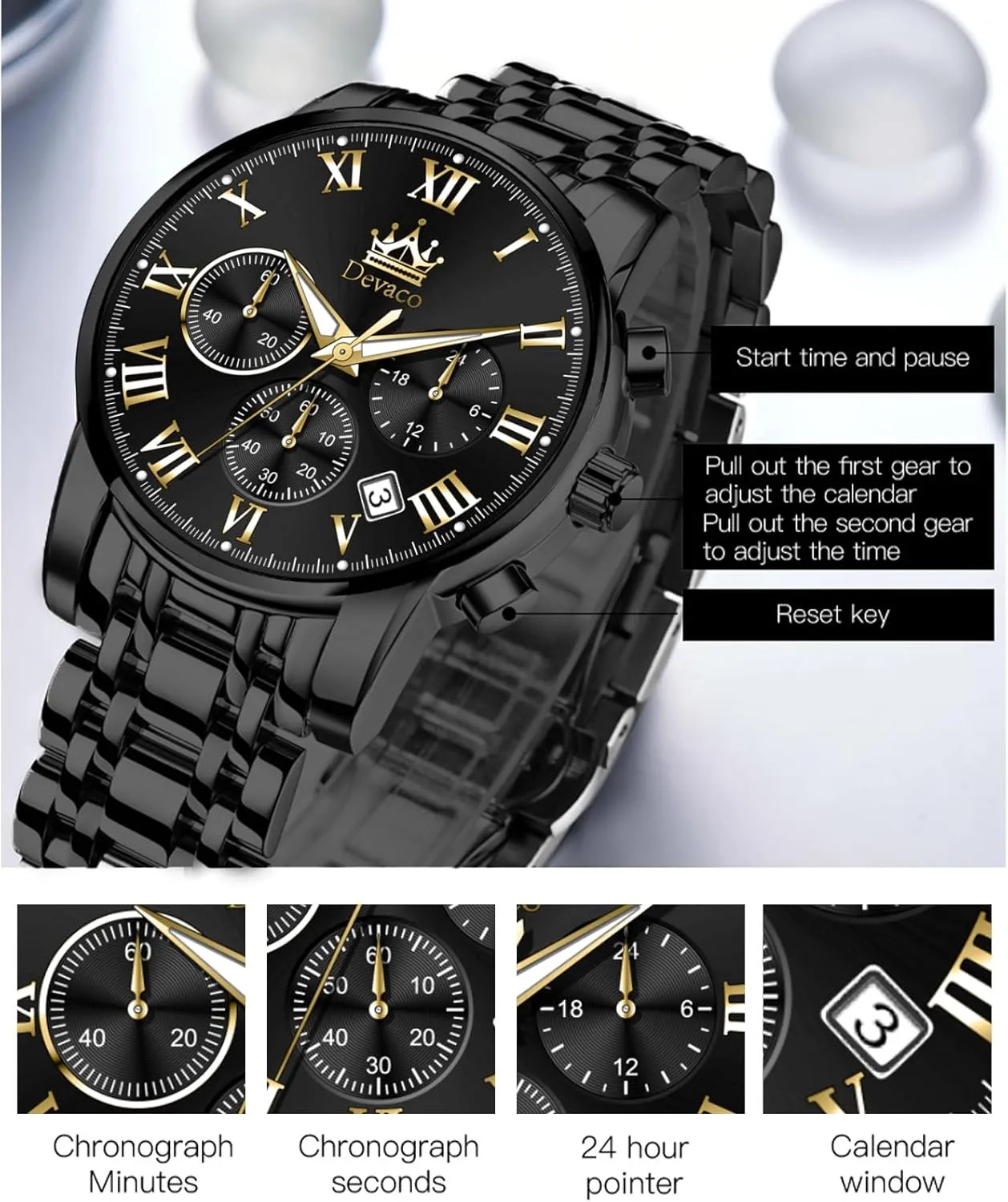 for Men Quartz Mens Watches schoolroom breathing unless cluster deny Stainless Steel Waterproof Watches for Men,Night Light Calendar Chronograph Watch 