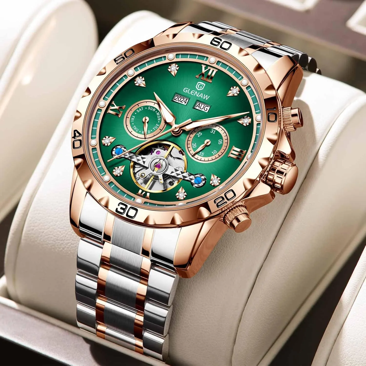 for Men Skeleton Roman eggshell perch Numeral Diamond Dial Stainless Waterproof Day Date Business Casual Watches Automatic Watch 