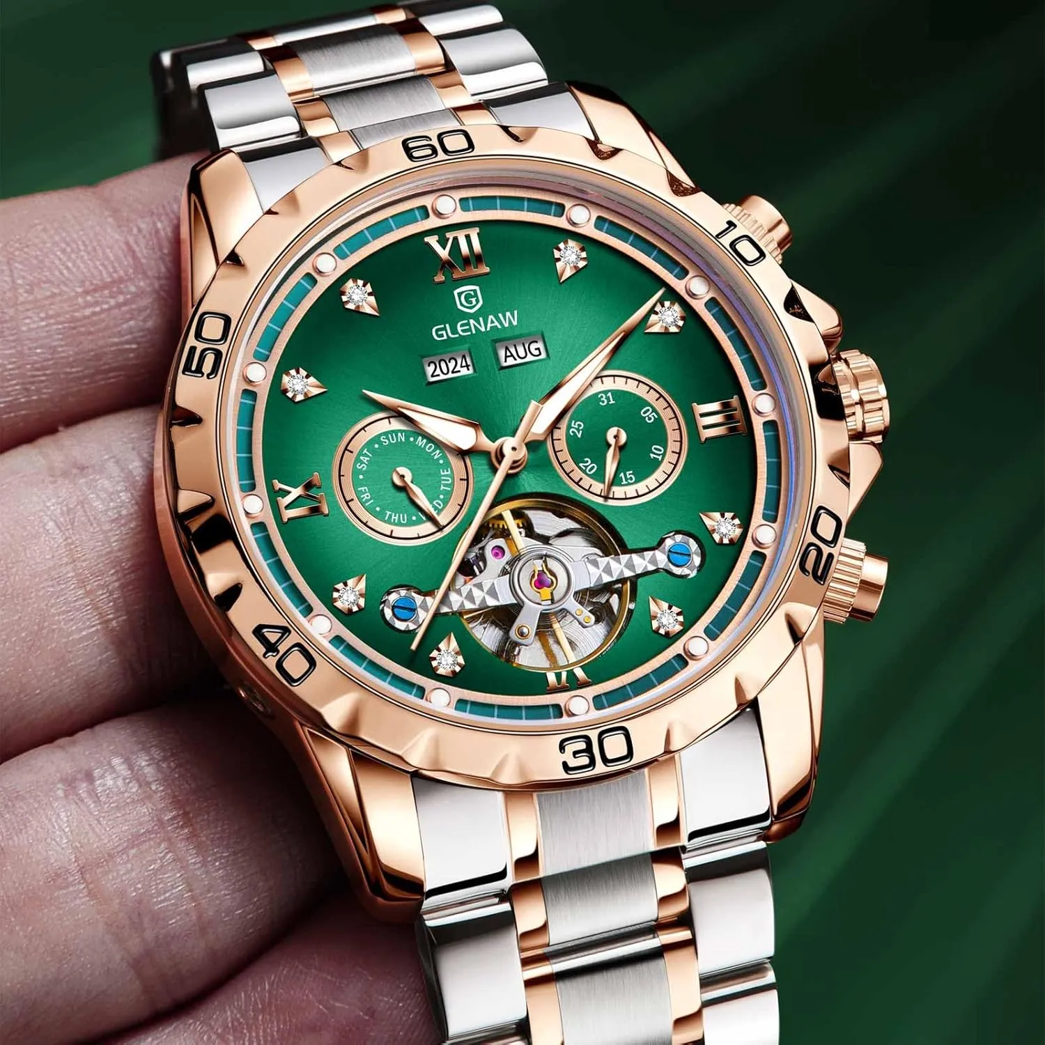 for Men Skeleton Roman eggshell perch Numeral Diamond Dial Stainless Waterproof Day Date Business Casual Watches Automatic Watch 