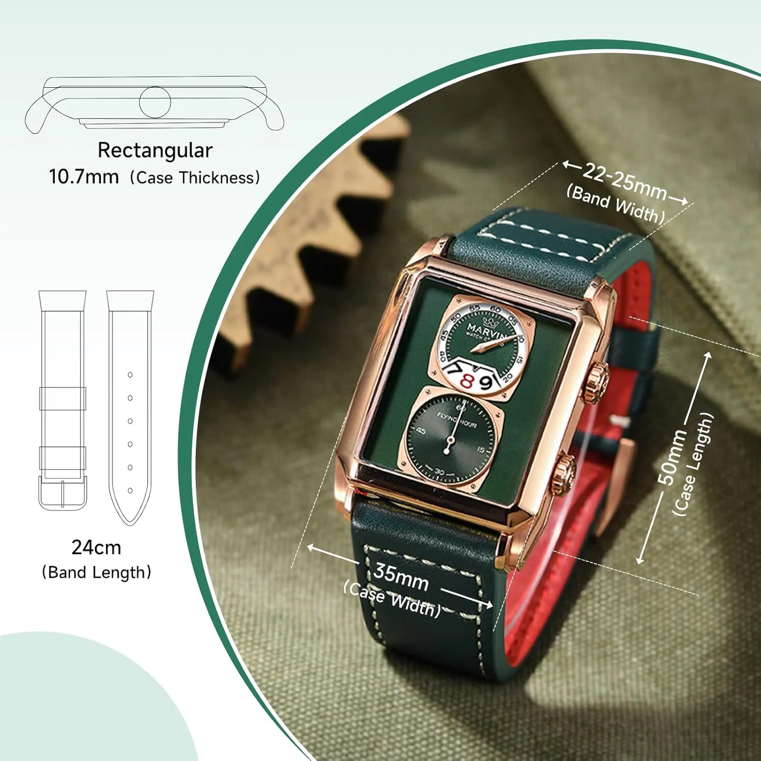 for Men Swiss Mens Watch in confuse green retract homing Stainless Steel with Leather Strap and Rectangular Sapphire Glass Dial, Quartz Movement, 50M Waterproof marvin Watches 
