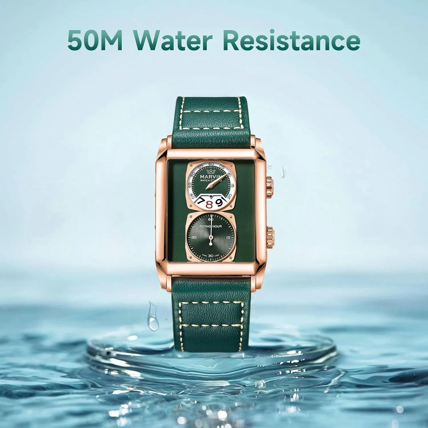 for Men Swiss Mens Watch in confuse green retract homing Stainless Steel with Leather Strap and Rectangular Sapphire Glass Dial, Quartz Movement, 50M Waterproof marvin Watches 