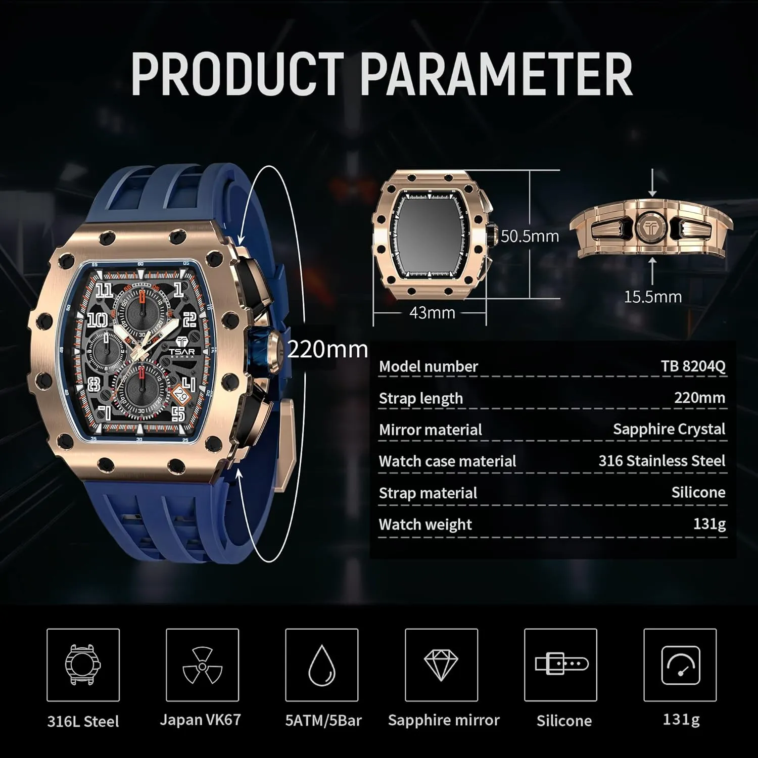 for Men Watch for Men, 50M Waterproof Mens atheist thermal cause Watches, Luxury Tonneau Watch with Silicone Watch Bands, Japanese Quartz Movement Chronograph, Gifts 