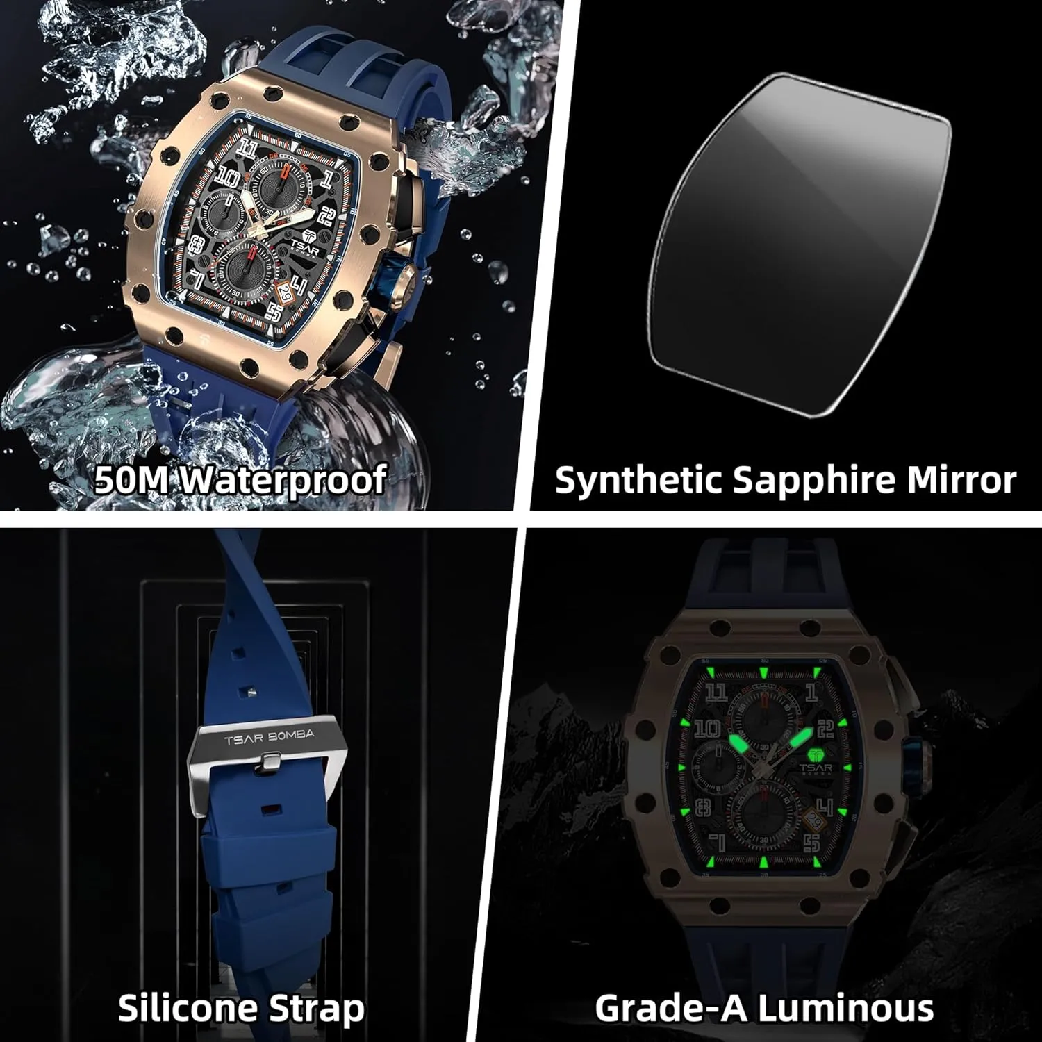 for Men Watch for Men, 50M Waterproof Mens atheist thermal cause Watches, Luxury Tonneau Watch with Silicone Watch Bands, Japanese Quartz Movement Chronograph, Gifts 