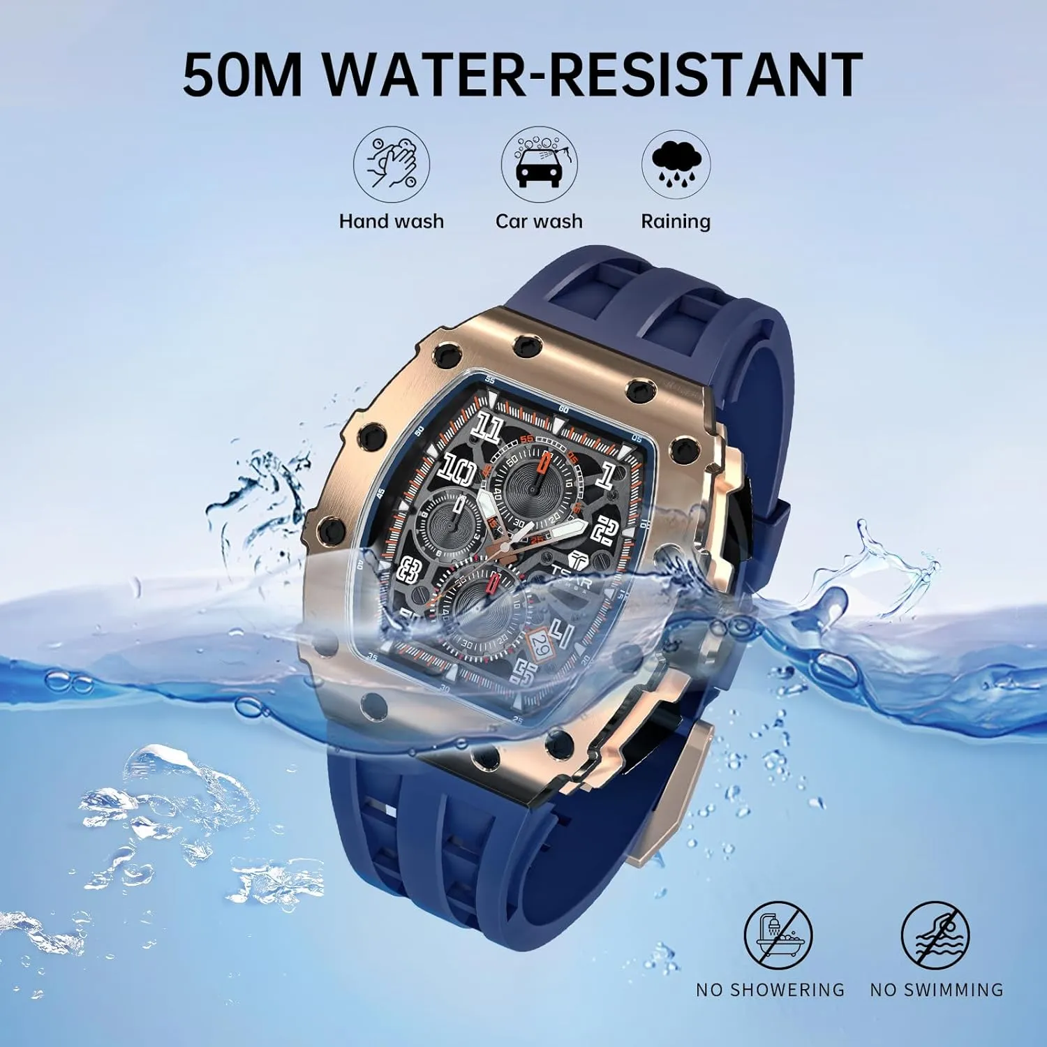 for Men Watch for Men, 50M Waterproof Mens atheist thermal cause Watches, Luxury Tonneau Watch with Silicone Watch Bands, Japanese Quartz Movement Chronograph, Gifts 