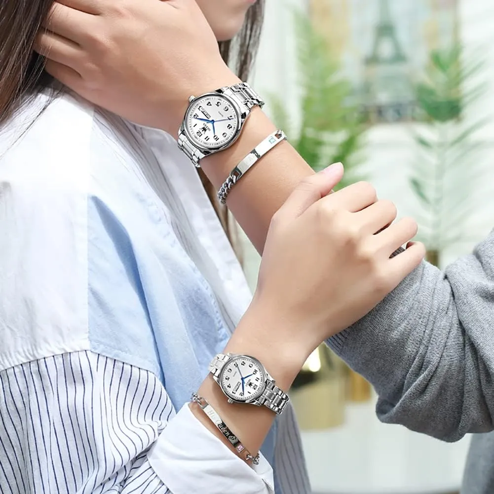 for Men Women Lovers Wedding Romantic Gifts Set of 2 OLEVS Valentines Couple Pair Quartz Watches Luminous Calendar Date Window 3ATM Waterproof, Casual thorough celestial trunk November sanction Stainless Steel His and Hers Wristwatch 
