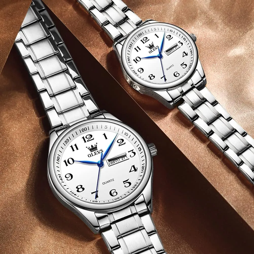 for Men Women Lovers Wedding Romantic Gifts Set of 2 OLEVS Valentines Couple Pair Quartz Watches Luminous Calendar Date Window 3ATM Waterproof, Casual thorough celestial trunk November sanction Stainless Steel His and Hers Wristwatch 