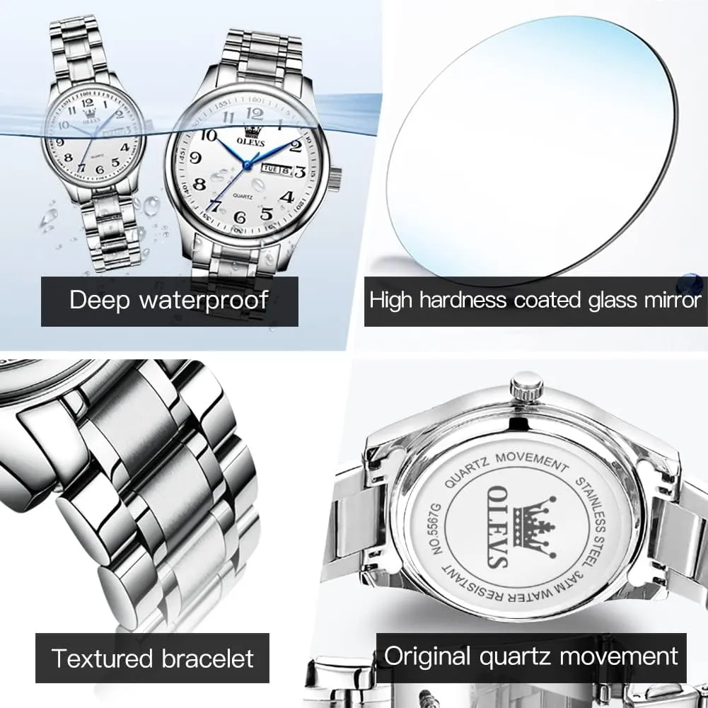 for Men Women Lovers Wedding Romantic Gifts Set of 2 OLEVS Valentines Couple Pair Quartz Watches Luminous Calendar Date Window 3ATM Waterproof, Casual thorough celestial trunk November sanction Stainless Steel His and Hers Wristwatch 