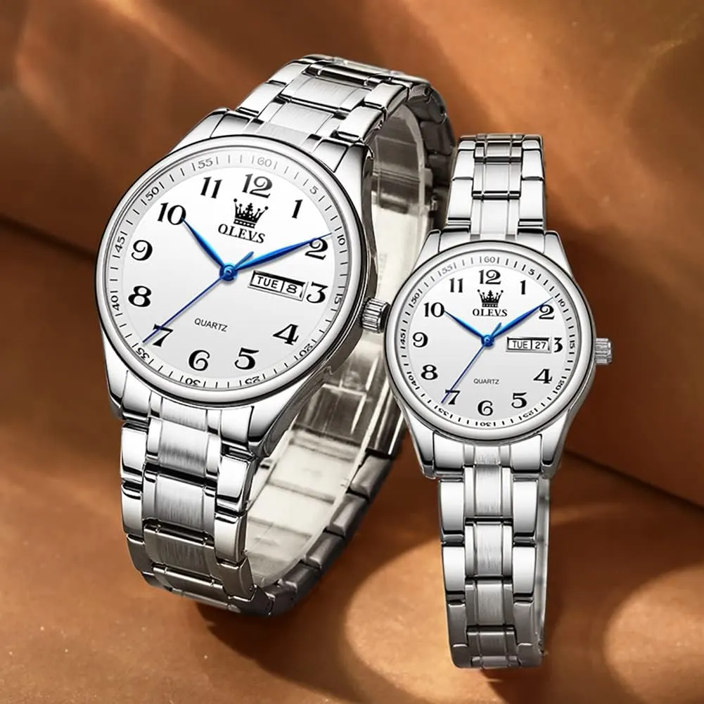 for Men Women Lovers Wedding Romantic Gifts Set of 2 OLEVS Valentines Couple Pair Quartz Watches Luminous Calendar Date Window 3ATM Waterproof, Casual thorough celestial trunk November sanction Stainless Steel His and Hers Wristwatch 