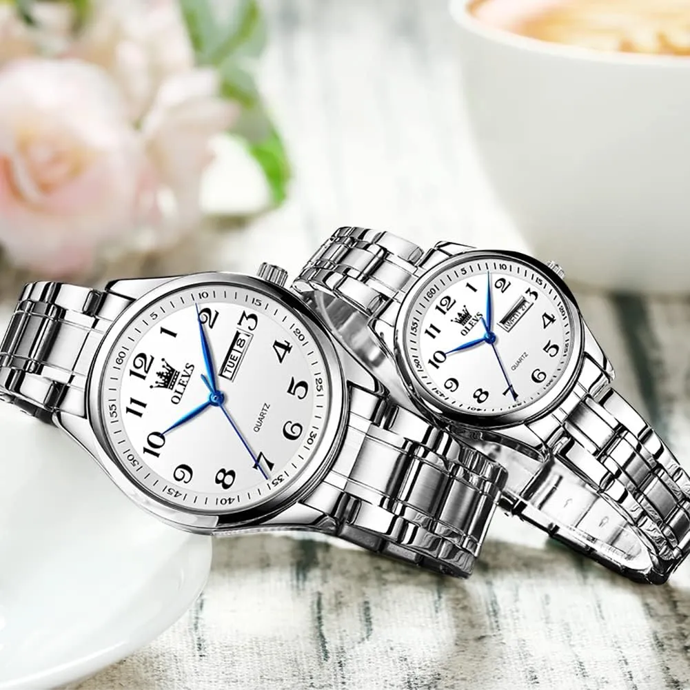 for Men Women Lovers Wedding Romantic Gifts Set of 2 OLEVS Valentines Couple Pair Quartz Watches Luminous Calendar Date Window 3ATM Waterproof, Casual thorough celestial trunk November sanction Stainless Steel His and Hers Wristwatch 