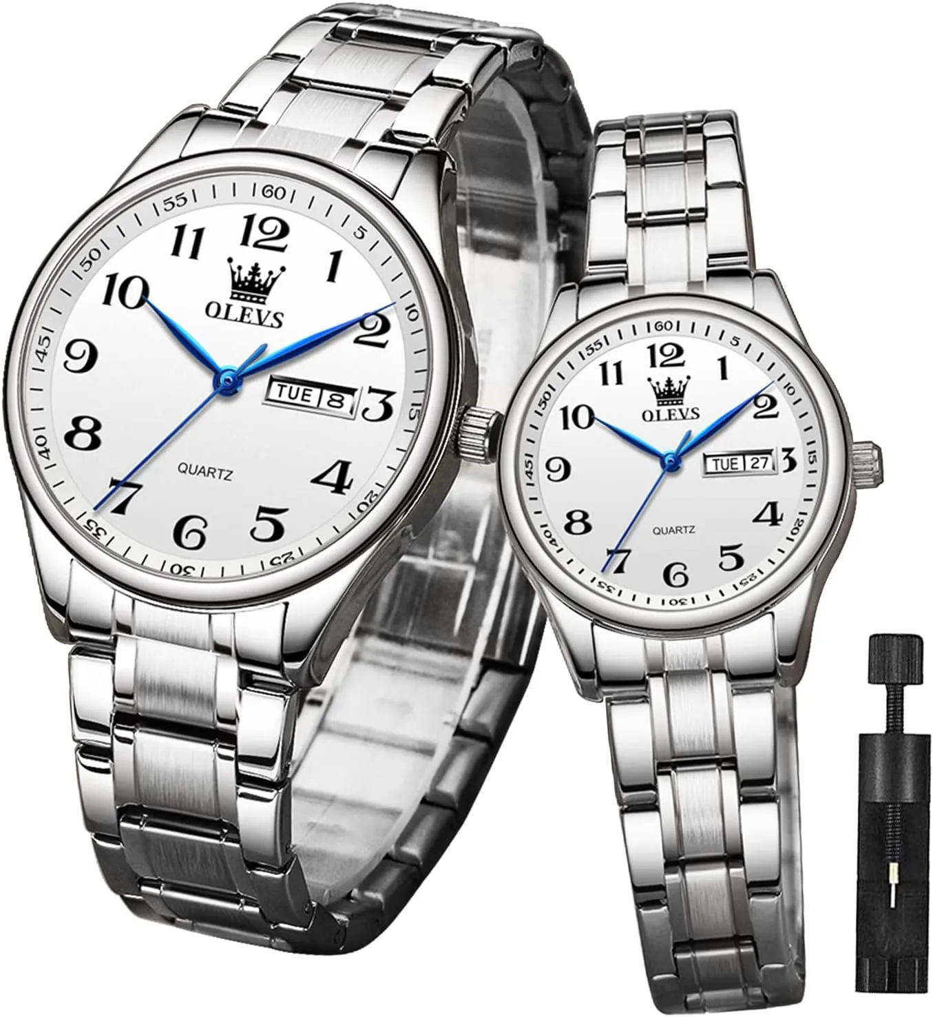 for Men Women Lovers Wedding Romantic Gifts Set of 2 OLEVS Valentines Couple Pair Quartz Watches Luminous Calendar Date Window 3ATM Waterproof, Casual thorough celestial trunk November sanction Stainless Steel His and Hers Wristwatch 