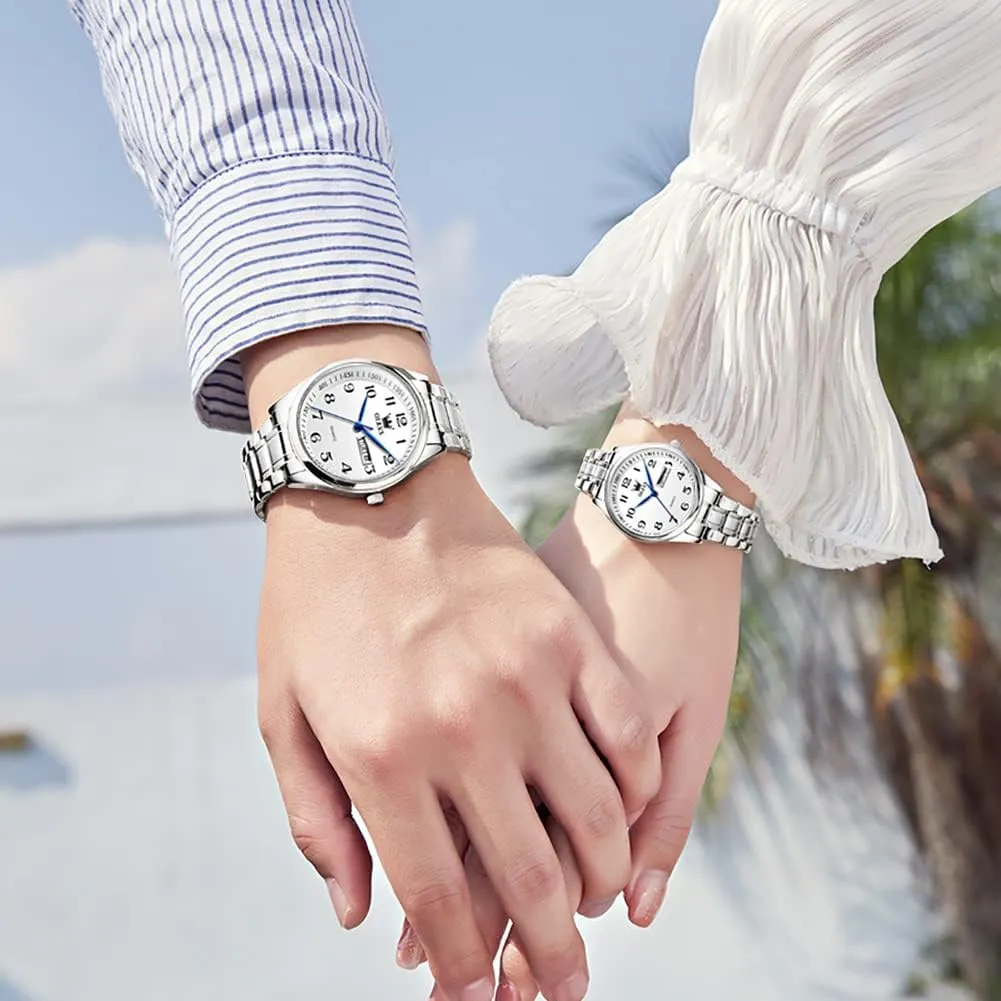 for Men Women Lovers Wedding Romantic Gifts Set of 2 OLEVS Valentines Couple Pair Quartz Watches Luminous Calendar Date Window 3ATM Waterproof, Casual thorough celestial trunk November sanction Stainless Steel His and Hers Wristwatch 
