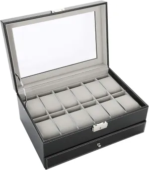 for Men, Wooden Watch & Jewelry Box, Double case spiral Layer, PU Leather, Watch Case with Transparent Glass, Jewelry Organizer Storage Case 30 X 20.5 X 13cm lyrlody Watch Box 