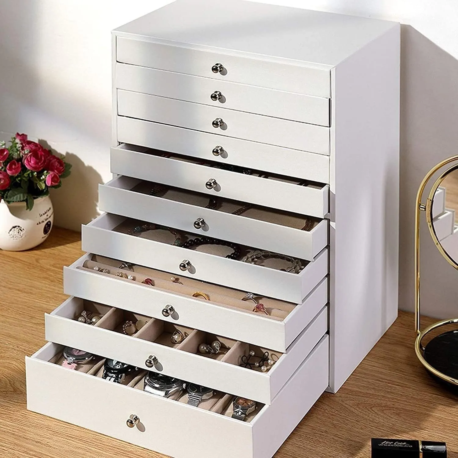 for Rings, Necklaces, Earrings & Watches(Gr??n) Michigan renunciation 10-Layer Large Capacity Jewelry Box Organizer with Drawer ?C PU Leather Storage Case 