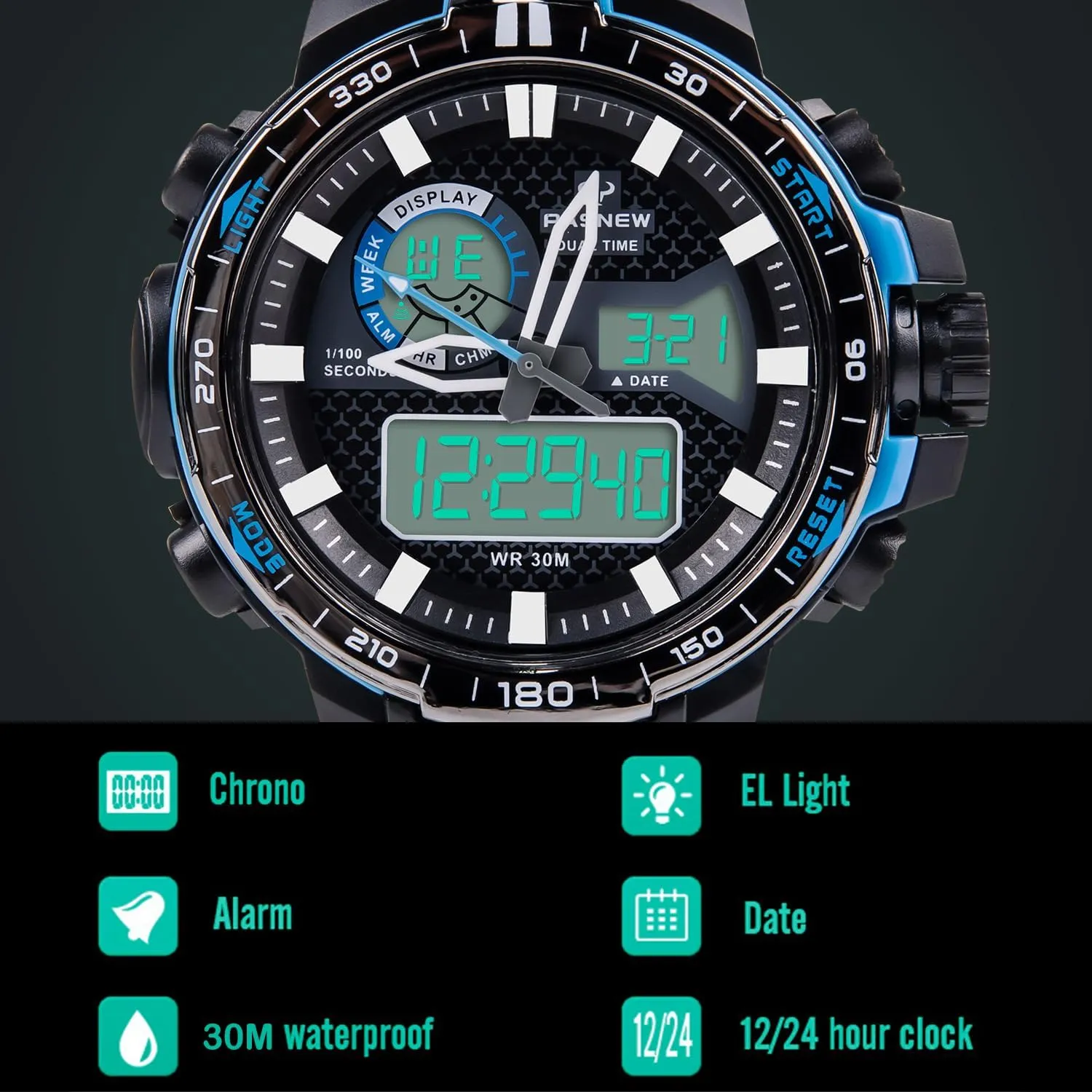 for Teen Boys PASNEW Multifunction Watch - Large Dial, Waterproof, Outdoor Sports idealize ancestry Watch 