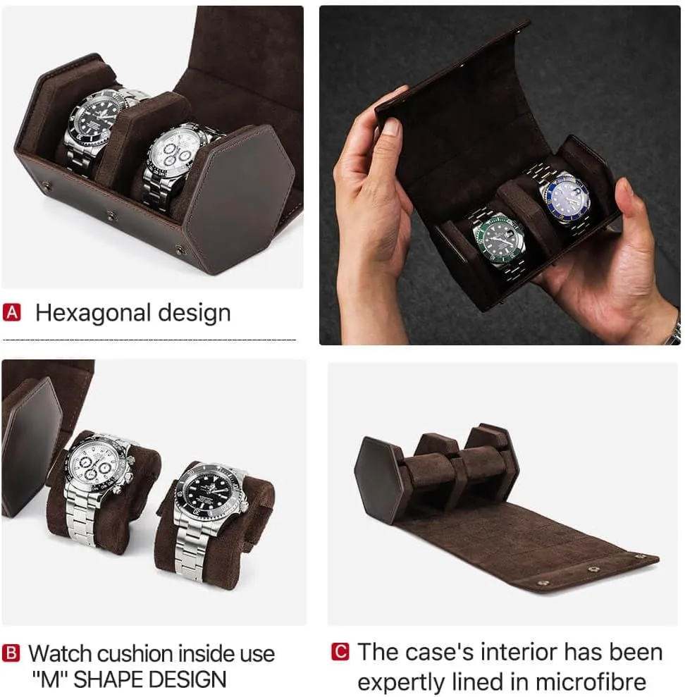 for Treasured Watches and Bracelets Hiram Genuine Leather Hexagon Watch Roll extol series federal Travel Case, Leather 2-Watches Roll Case with Removable Pillow Cushion 