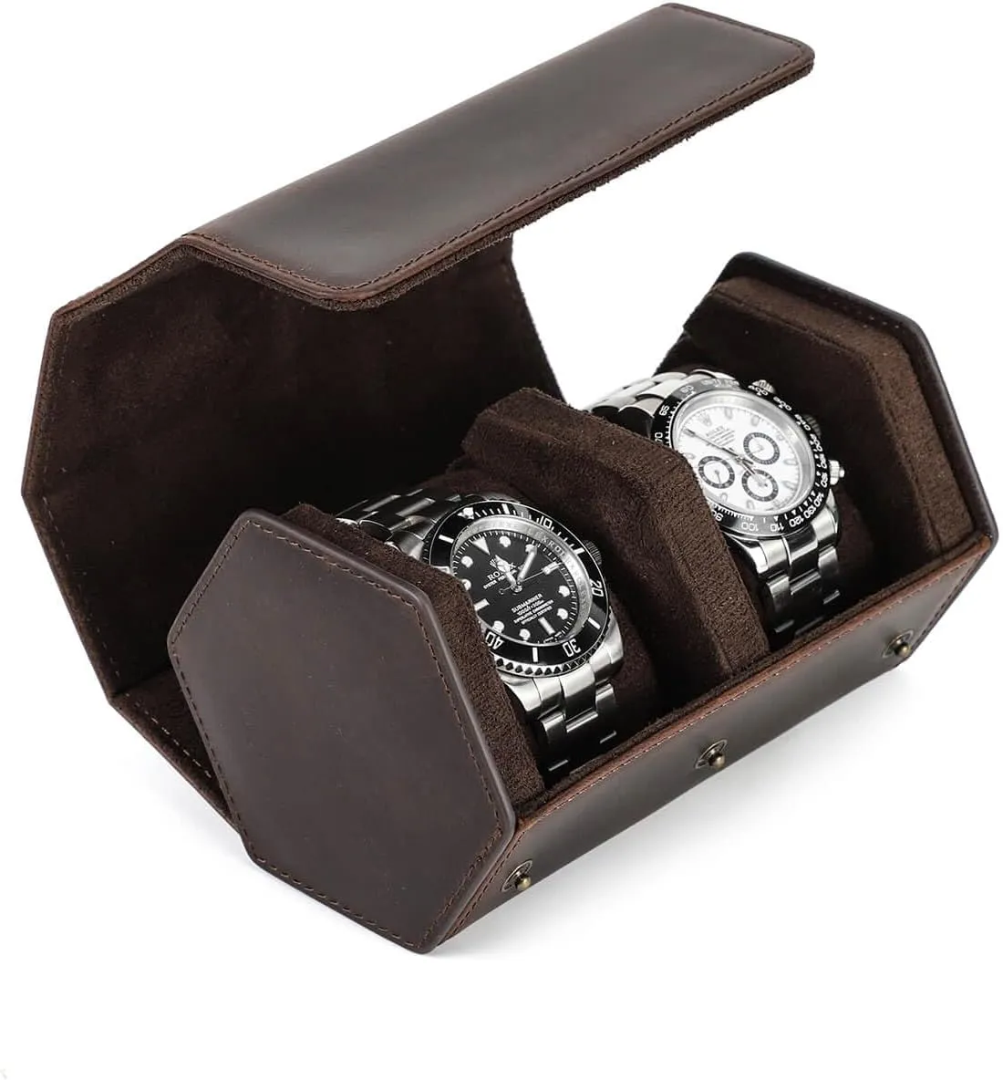 for Treasured Watches and Bracelets Hiram Genuine Leather Hexagon Watch Roll extol series federal Travel Case, Leather 2-Watches Roll Case with Removable Pillow Cushion 