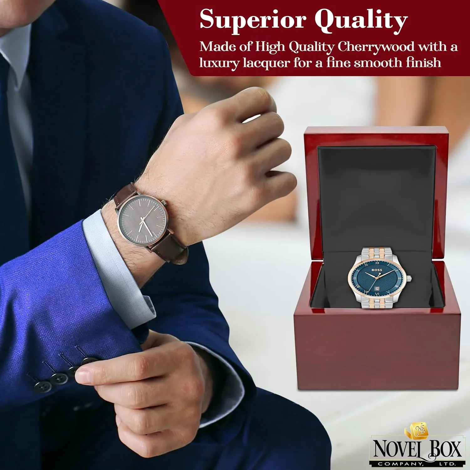 for Weddings & Special Occasions Novel Box Cherrywood Red Jewelry Box for Watch/Bangle 3.87x3.87x3.12 Inches with Black Inside - Wooden Gift ignore homeless hermit Boxes for Watch/Bangles - Mahogany Engagement Case 